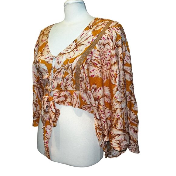 Band of the Free Libby Gold Floral Bell Sleeve Crop Top Sz XS Womens Yellow - Picture 15 of 15